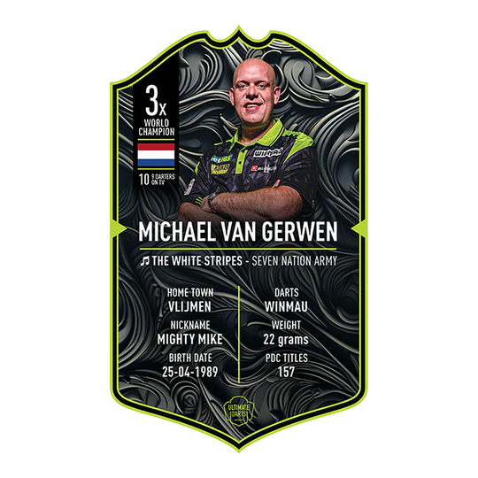 Ultimate Darts Card - Michael Van Gerwen 2025 Dies ist eine Sammelkarte von "Ultimate Darts" für Michael Van Gerwen aus dem Jahr 2025. Sie zeigt sein Foto und enthält Informationen wie seinen Spitznamen, Geburtsdatum, Heimatstadt und Statistiken.