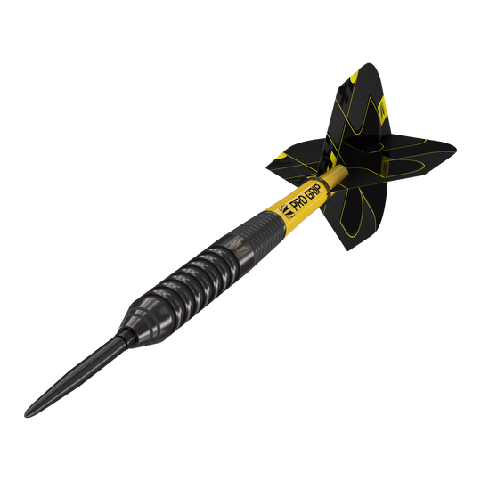Target Bolide Void 02 Swiss Point steel darts Das Bild zeigt einen Target Bolide Void 02 Swiss Point Steeldart. Der Dart ist schwarz mit gelben Akzenten und hat ein modernes, gerilltes Design.