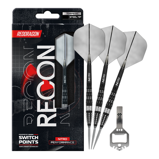 Abgebildet sind die Red Dragon Recon Torpedo Steeldarts mit 23g Gewicht. Diese Steeldarts zeichnen sich durch ihre spezielle Form und hohe Präzision aus.