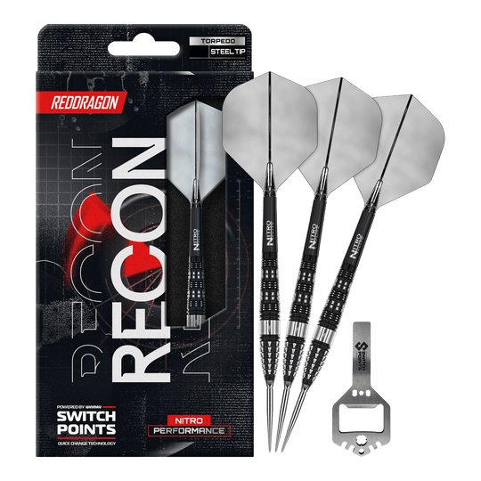 Red Dragon Recon Torpedo Steel Darts Abgebildet sind die Red Dragon Recon Torpedo Steeldarts mit 23g Gewicht. Diese Steeldarts zeichnen sich durch ihre spezielle Form und hohe Präzision aus.