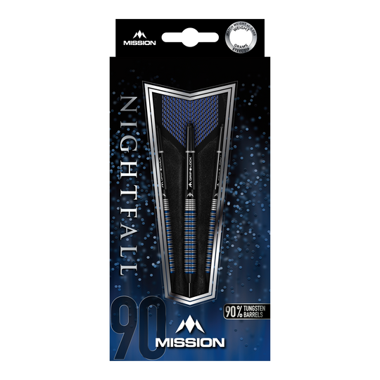 Mission Nightfall Model 2 steel darts Auf dem Bild ist die Verpackung der "Mission Nightfall Model 2 Steeldarts" zu sehen. Die Darts bestehen zu 90 % aus Tungsten und sind in einer schwarzen und blauen Schachtel präsentiert.