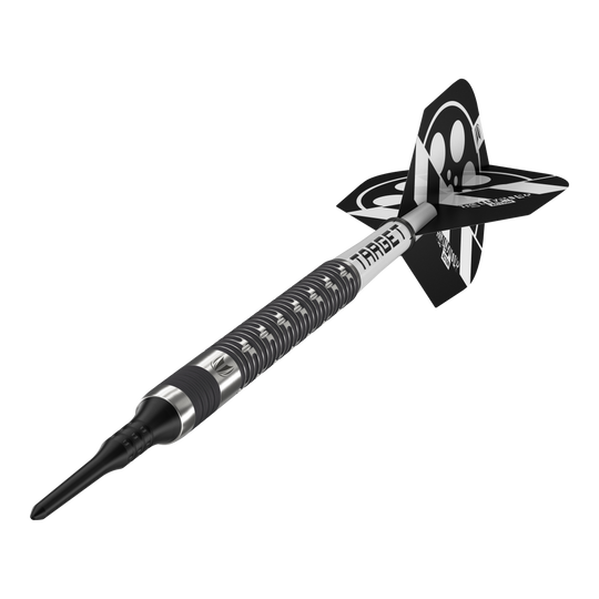 Target Chris Dobey Hollywood Action Softdarts - 20g Das Bild zeigt einen schwarzen Softdart mit silbernen Akzenten und der Aufschrift "TARGET". Am hinteren Ende befindet sich ein schwarz-weißes Flight-Design.