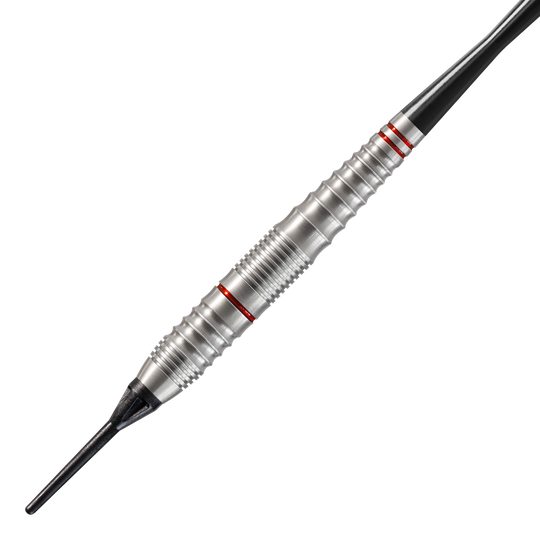 Harrows Rage Softdarts Das Bild zeigt einen silbernen Softdart namens "Harrows Rage Softdarts". Der Dart hat rote Ringe und eine schwarze Kunststoffspitze.