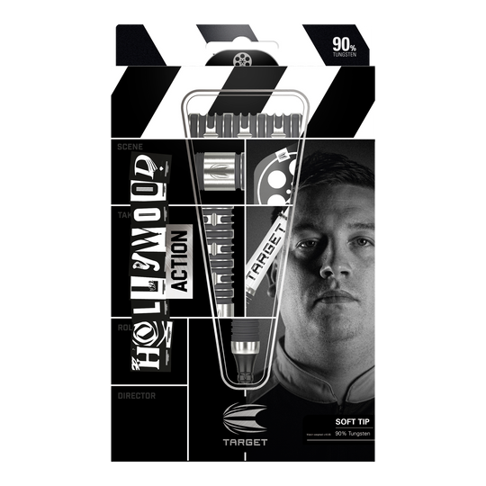Target Chris Dobey Hollywood Action Softdarts - 20g Die Abbildung zeigt das Produkt "Target Chris Dobey Hollywood Action Softdarts - 20g" in seiner Verpackung. Auf der Verpackung sind die Darts sowie das Gesicht eines Mannes und der Markenname deutlich zu sehen.
