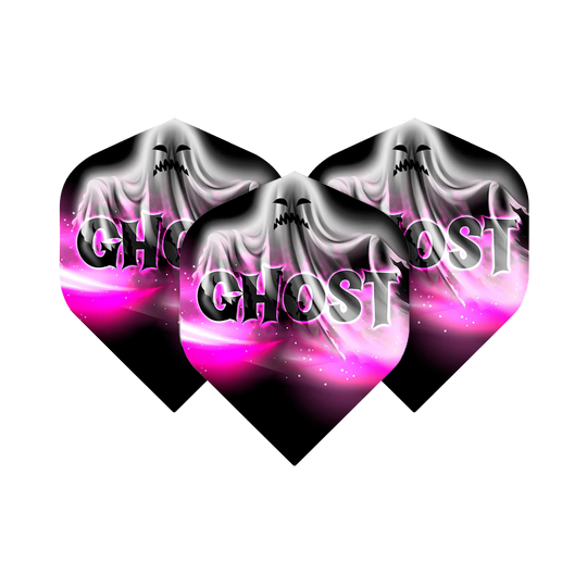 Das Bild zeigt drei Dart-Flights mit dem Aufdruck „GHOST“ und einem stilisierten Geist auf einem schwarz-rosa Hintergrund. Es handelt sich um das Produkt "Mission Solo Bailey Marsh No2 Standard Flights".