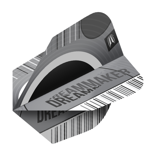 Das Bild zeigt die Target Pro Ultra Dimitri Van Den Bergh X Echo No6 Flights. Die Flights sind in Grau- und Schwarztönen gestaltet und tragen die Aufschrift „DREAMMAKER“.