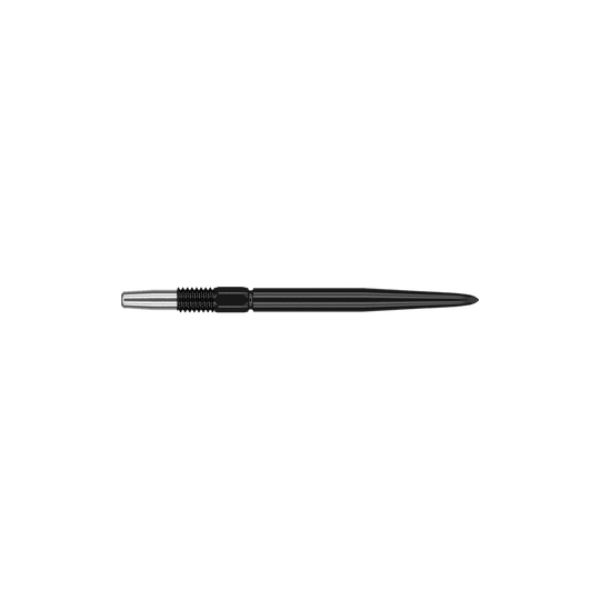 Target Swiss Point Black dart tips Das Bild zeigt eine schwarze Dartspitze mit einer silbernen Befestigung. Die Spitze ist schlank und misst 26 mm in der Länge.