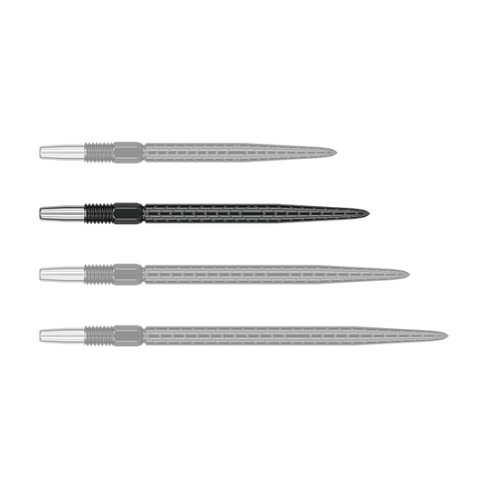 Target Swiss Point RVE dart tips - Black Das Bild zeigt vier schwarze Dartspitzen mit silbernem Gewinde. Sie liegen parallel nebeneinander auf einem grünen Hintergrund.