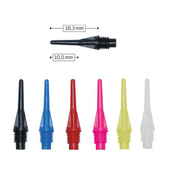 Starpoints_80054feef83915af Das Bild zeigt verschiedene farbige Dartspitzen namens "Starpoints (100er Pack) - Spitzen". Eine Spitze ist mit den Maßen 18,3 mm Länge und 10,0 mm Breite dargestellt.