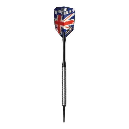 McDart 85 Tungsten V24 Softdarts - 18.5g Der abgebildete Dartpfeil ist ein "McDart 85er Tungsten V24 Softdart" mit einem Gewicht von 18,5g. Auf dem Dartflight ist die australische Flagge mit der Aufschrift "Team Australia" zu sehen.