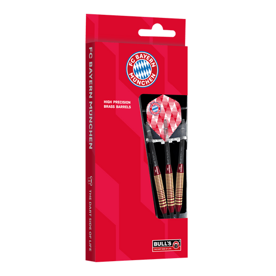 Bulls FC Bayern Munich Brass Soft Darts - 18g Abgebildet sind die Bulls FC Bayern München Brass Softdarts mit 18g Gewicht. Sie eignen sich für Softdart-Spiele und tragen das Vereinsdesign.