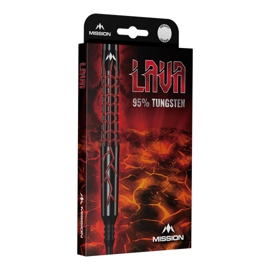 Mission Lava Softdarts - 20g Die Abbildung zeigt die Verpackung der "Mission Lava Softdarts - 20g". Auf der Verpackung steht "95% Tungsten" und sie ist mit einem Lava-Motiv gestaltet.