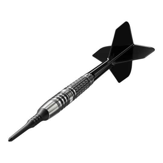 Target Japan Black Marque Lumiere GEN3 Soft Darts - 18.5g Das Bild zeigt einen Target Japan Black Marque Lumiere GEN3 Softdart mit einem Gewicht von 18,5g. Der Dartpfeil hat ein elegantes, schwarzes Design und eine strukturierte Griffzone.