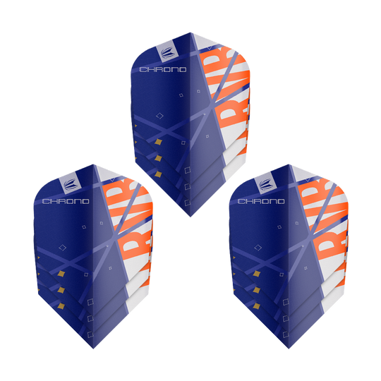 Das Bild zeigt drei Sätze Target Pro Ultra Raymond Van Barneveld Chrono Ten-X Standard Flights. Die Flights sind überwiegend blau mit weißen und orangefarbenen Akzenten gestaltet.