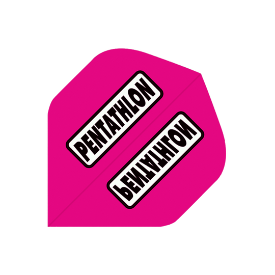 P83-Pentathlon-Flights-P83 Das Bild zeigt einen pinken Dartflug mit der Aufschrift "Pentathlon". Es handelt sich um das Produkt "Pentathlon Flights P83".