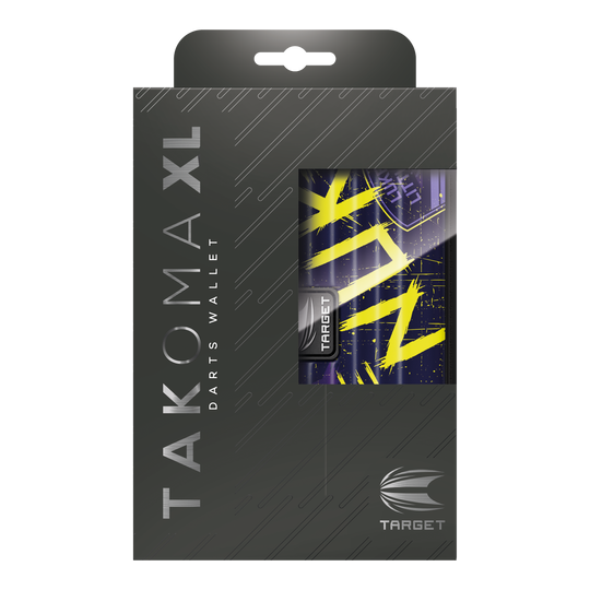 Das Bild zeigt die Verpackung des Target Takoma XL Dartcases, das speziell für Luke Littler designt wurde. Die Verpackung ist überwiegend schwarz mit gelben und violetten Akzenten auf dem Dartcase selbst.