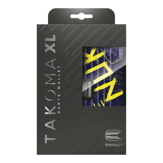 Target Takoma Luke Littler XL dart case Das Bild zeigt die Verpackung des Target Takoma XL Dartcases, das speziell für Luke Littler designt wurde. Die Verpackung ist überwiegend schwarz mit gelben und violetten Akzenten auf dem Dartcase selbst.