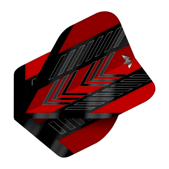 Das Bild zeigt das Produkt "Mission Solo Rogue No2 Standard Flights". Die Flights sind rot mit schwarzen und silbernen Mustern.