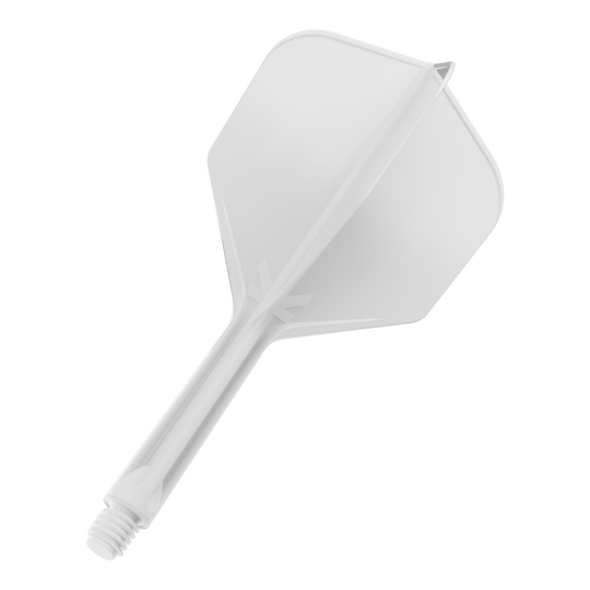 Dies ist ein weißes Dartflight-System mit integriertem Shaft. Das Produkt hat eine schlichte, transparente Optik und ist für den Einsatz im Dartsport gedacht.