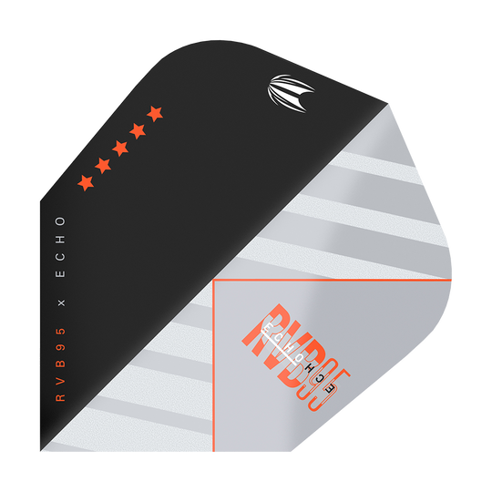 TG86_336730_Target_ProUltra_RvB95_X_Echo_Ten-X_Flights_1a Das Bild zeigt das Produkt „Target Pro Ultra RvB95 X Echo Ten-X Flights“. Das Flight-Design ist schwarz und silber mit orangefarbenen Akzenten und fünf Sternen.