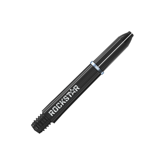 Winmau Joe Cullen Rockstar Nylon Shafts Black Auf dem Bild ist ein schwarzer Dart-Schaft mit der Aufschrift "ROCKSTAR" zu sehen. Der Schaft hat einen silbernen Ring in der Mitte.