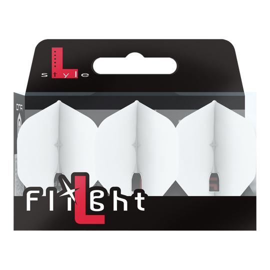 L-Style Champagne L1PRO Flights Auf dem Bild ist eine Packung mit drei weißen Dart-Flights zu sehen. Die Verpackung trägt die Aufschrift „L-style Flight“ und ist hauptsächlich schwarz und weiß gestaltet.