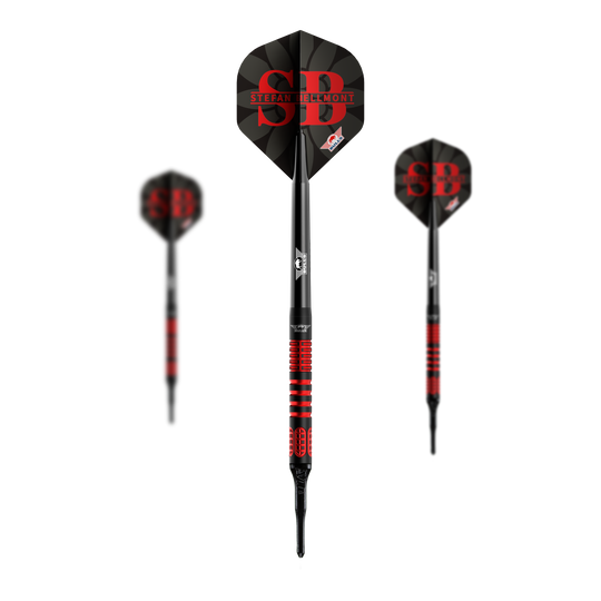 Hier ist ein Set der Bulls NL Stefan Bellmont 90 Softdarts - 20g zu sehen. Das Set wurde für professionelle Dartspieler entwickelt.