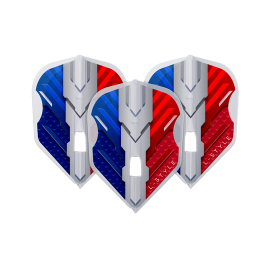 L-Style V-Series V1 Type B France Clear White L3PRO Flights Das Bild zeigt drei Dart-Flights mit einem modernen Design in den Farben Blau, Weiß und Rot. Auf den Flights steht der Schriftzug "L-Style".