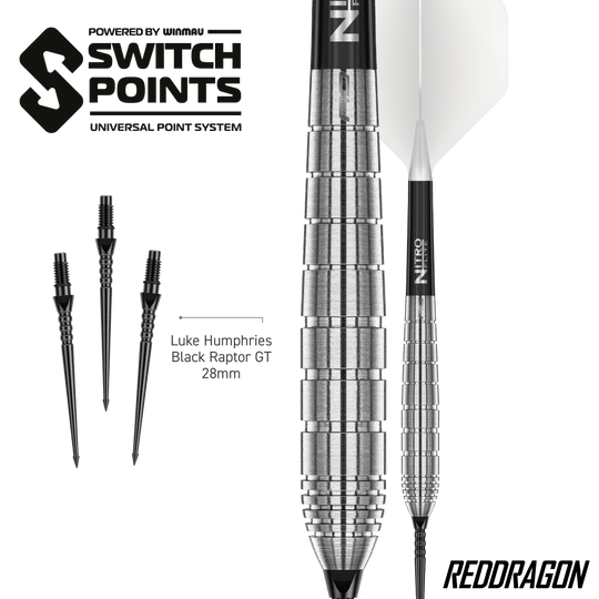 Das Bild zeigt die Red Dragon Luke Humphries TX1 Pioneer Switch Point Steeldarts. Diese Steeldarts sind hochwertig verarbeitet.