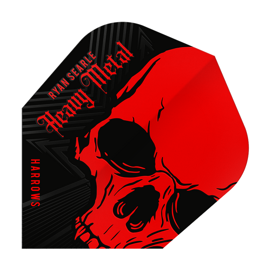 Harrow's Ryan Searle Heavy Metal No6 Flights Das Bild zeigt ein Dart-Flight mit einem auffälligen roten Totenkopf-Design. Oben steht der Name "Ryan Searle Heavy Metal" und an der Seite ist "Harrows" zu lesen.