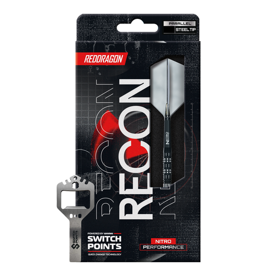 Abgebildet sind die Red Dragon Recon Parallel Steeldarts. Das Bild zeigt das Design und die Form der Steeldarts.