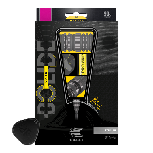 Target Bolide Void 02 Swiss Point steel darts Das Bild zeigt die Verpackung der "Target Bolide Void 02 Swiss Point Steeldarts". Die Darts bestehen zu 90% aus Tungsten und haben eine Stahlspitze.