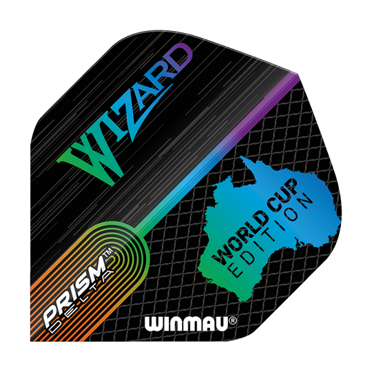6915-237_Winmau_Simon_Whitlock_World_Cup_Special_Edition_Standard_Flights_1jG6xHhDZ9OGKR Das Bild zeigt das Produkt "Winmau Simon Whitlock World Cup Special Edition Standard Flights". Das Flight-Design ist bunt mit den Aufschriften "Wizard", "World Cup Edition" und "Prism Delta".