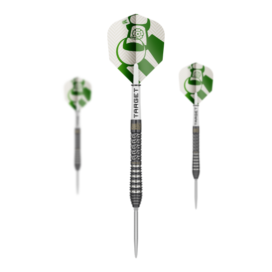Abgebildet ist das Produkt Target Charlie Manby Swiss Points Steeldarts. Das Bild zeigt ein Set Steeldarts mit spezieller Spitze.