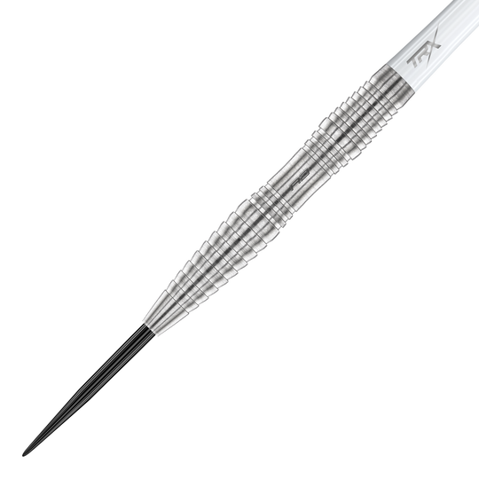 Red Dragon Seren 3 Pure Steeldarts Das Bild zeigt einen Red Dragon Seren 3 Pure Steeldart. Der Dartpfeil ist silberfarben und hat ein gerilltes Griffdesign.