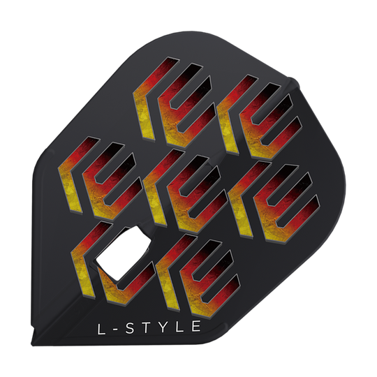 Auf dem Bild ist ein schwarzes Dartflight mit modernen, gelb-rot gefärbten Mustern zu sehen. Unten steht der Schriftzug "L-Style" aufgedruckt.