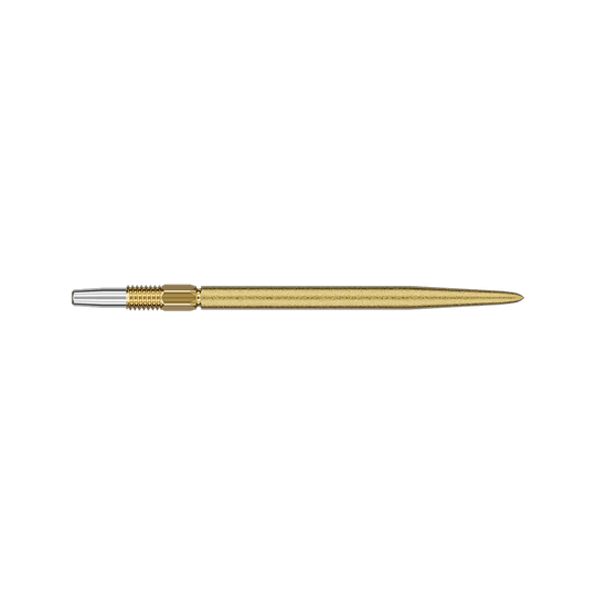 Target Swiss Point SLK dart tips - gold Auf dem Bild ist eine goldene Dartspitze zu sehen. Sie ist schlank und hat ein silbernes Ende zur Befestigung.