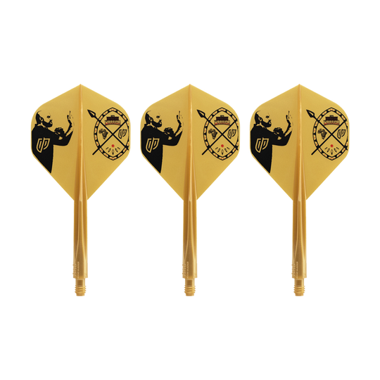 Condor AX Devon Petersen Inspiration Flight System - Standard Auf dem Bild sind drei gelbe Dart-Flights mit schwarzem Motiv zu sehen. Sie tragen das Design des Condor AXE Devon Petersen Inspiration Flight-Systems in Standardform.