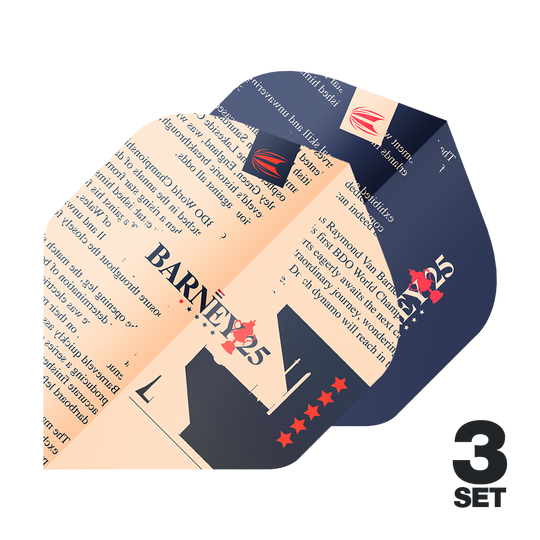 Target ProUltra Raymond Van Barneveld Barney25 Standard Flights Das Bild zeigt die Target ProUltra Raymond Van Barneveld Barney25 Standard Flights in einem auffälligen Design. In der rechten unteren Ecke steht "3 SET", was darauf hinweist, dass drei Sätze enthalten sind.