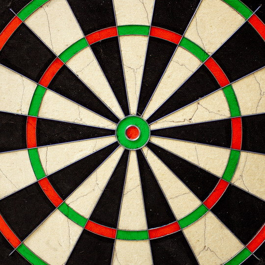 NPQ Steeldartboard Das Bild zeigt das Produkt 'NPQ Steeldartboard'. Es handelt sich um eine klassische Dartscheibe mit schwarzen, weißen, roten und grünen Segmenten.