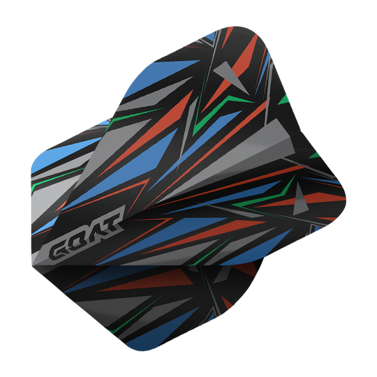 GOAT Athlete Black No2 Standard Flights Das Bild zeigt das Produkt "GOAT Athlete Black No2 Standard Flights". Das Flight hat ein auffälliges, geometrisches Muster in Schwarz, Blau, Rot, Grün und Grau.