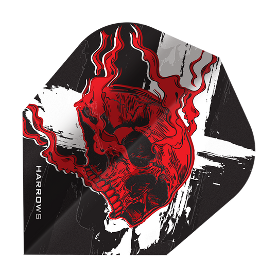 Auf dem Bild sind Harrows Ryan Searle Heavy Metal No6 Flights dargestellt. Die Flights sind bekannt für ihre hohe Qualität und das markante Design.