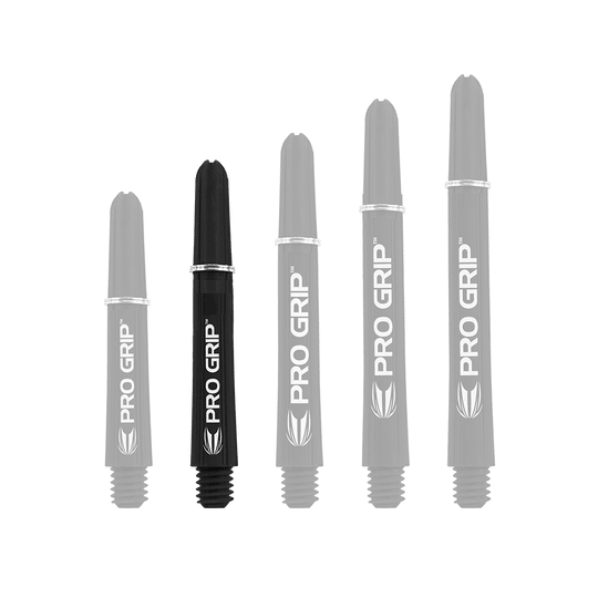 110164_Target_Pro_Grip_Shafts_Schwarz_375mm_1 Das Bild zeigt fünf schwarze Target Pro Grip Shafts in unterschiedlichen Längen. Auf jedem Shaft steht in weißer Schrift "PRO GRIP".