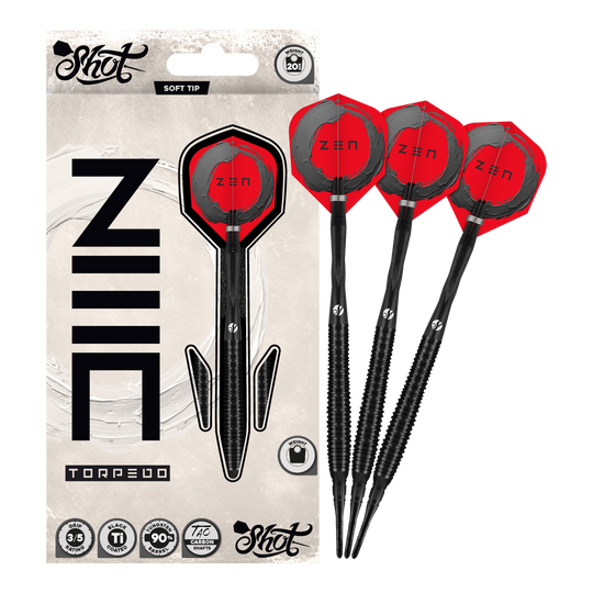 Shot ZEN Torpedo Soft Darts - 20g Abgebildet sind die Shot ZEN Torpedo Softdarts - 20g in voller Länge. Der Dart ist für Präzision Wurftechnik bekannt.