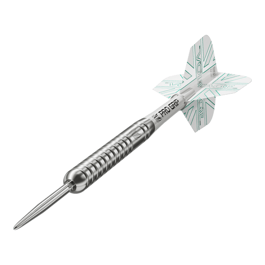 Target Rob Cross Voltage Swiss Point Steel Darts Das Bild zeigt einen Target Rob Cross Voltage Swiss Point Steeldart. Der Dartpfeil ist silbern und hat weiße Flights mit grünen Akzenten.