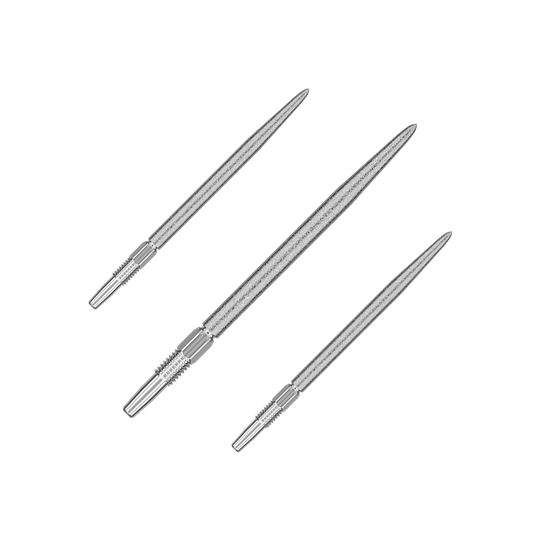 Das Bild zeigt drei silberne Dartspitzen, die nebeneinander angeordnet sind. Sie haben eine spitze Form und sind aus Metall gefertigt.