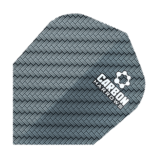 HR52_Harows_Carbon_No6_Flights_Blau_1 Das Bild zeigt das Produkt „Harrows Carbon Flights HR52“. Es ist in einem schwarzen Muster mit einem weißen Logo und Schriftzug gestaltet.