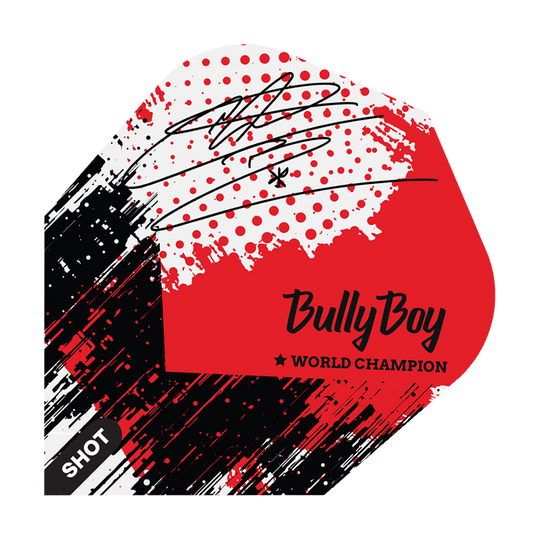 Shot Michael Smith Bully Boy Game Day No6 Flights Das Bild zeigt ein Dart-Flight mit einem modernen, rot-schwarzen Design und einem Autogramm. Auf dem Flight steht "Bully Boy" und "World Champion" sowie das Markenlogo "Shot".