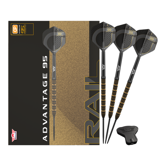 Zu sehen ist das Produkt Bulls NL Advantage 95 Rail Convertible Point Steeldarts. Verschiedene Ansichten sind dargestellt.