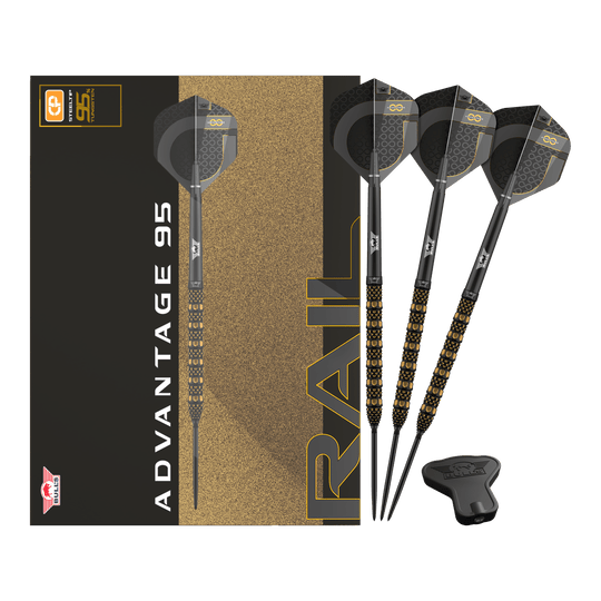 Bulls NL Advantage 95 Rail Convertible Point Steel Darts Zu sehen ist das Produkt Bulls NL Advantage 95 Rail Convertible Point Steeldarts. Verschiedene Ansichten sind dargestellt.